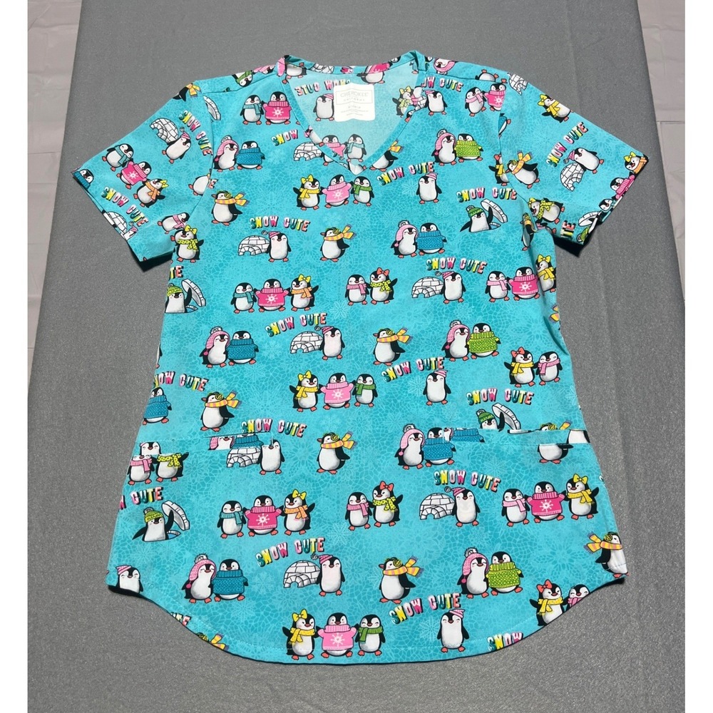 Cherokee Medical Uniforms Snow Cute Penguin V-Neck Scrub Top Blue CK637 Small